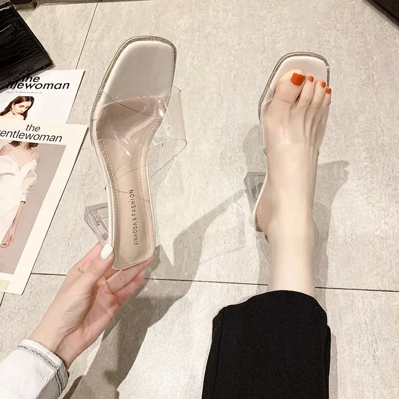 

Slippers Casual Shoes Transparent Heel Slipers Women Heeled Mules Slides Square Toe Jelly Flip Flops Luxury 2021 High Soft Block
