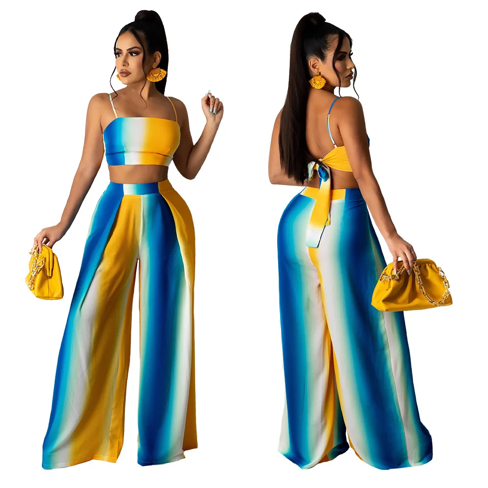 

New Women's 2021 Summer Fashion Casual Small Fragrance Sling Gradient Stripe Printing Temperament Mopping Pants Suit