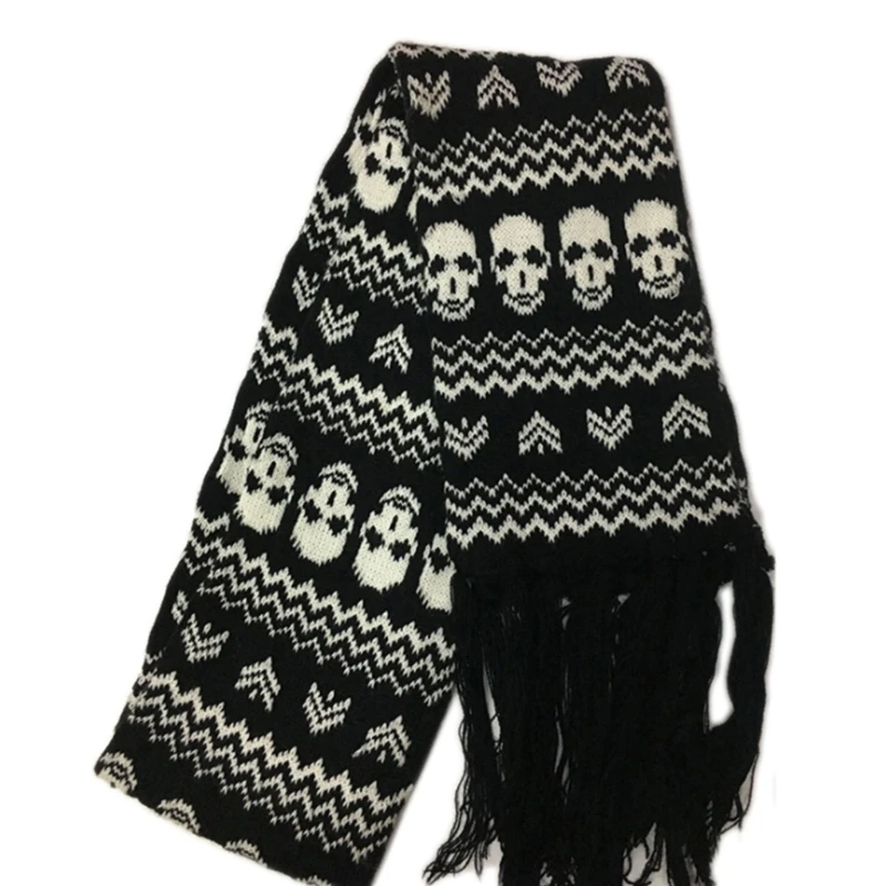 Scarf With Fringes For Men Black And White Stylish Knitted Wool Feel Long Fashion Scarf With Fringes Skull Crossbones