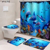 Blue Dolphin Printed Shower Curtain Ocean Sea Creatures Bathroom Curtains Set Non Slip Carpet Bath Mat Rug Toilet Lid Cover