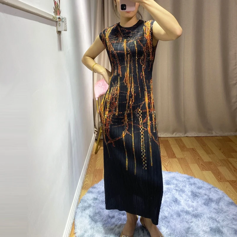 Changpleat новые женские платья с принтом Miyak Плиссированное модное дизайнерское приталенное женское элегантное платье с О-образным вырезом и эластичной талией D9087