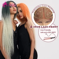 38 inch long cosplay lace front wig for women ginger orange colored ombre kinky straight middle part synthetic lace front wig