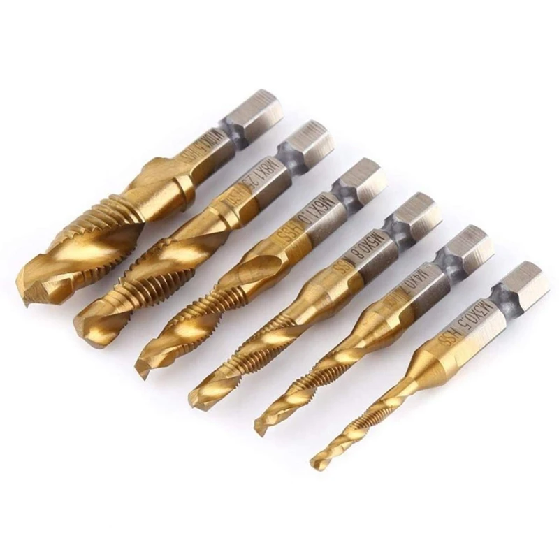 

1/4 inch HSS Spiral Hex Shank Combination Drill Screw Tap Bit Set (M3-M10) With Automatic Spring Loaded Center Punch Tool