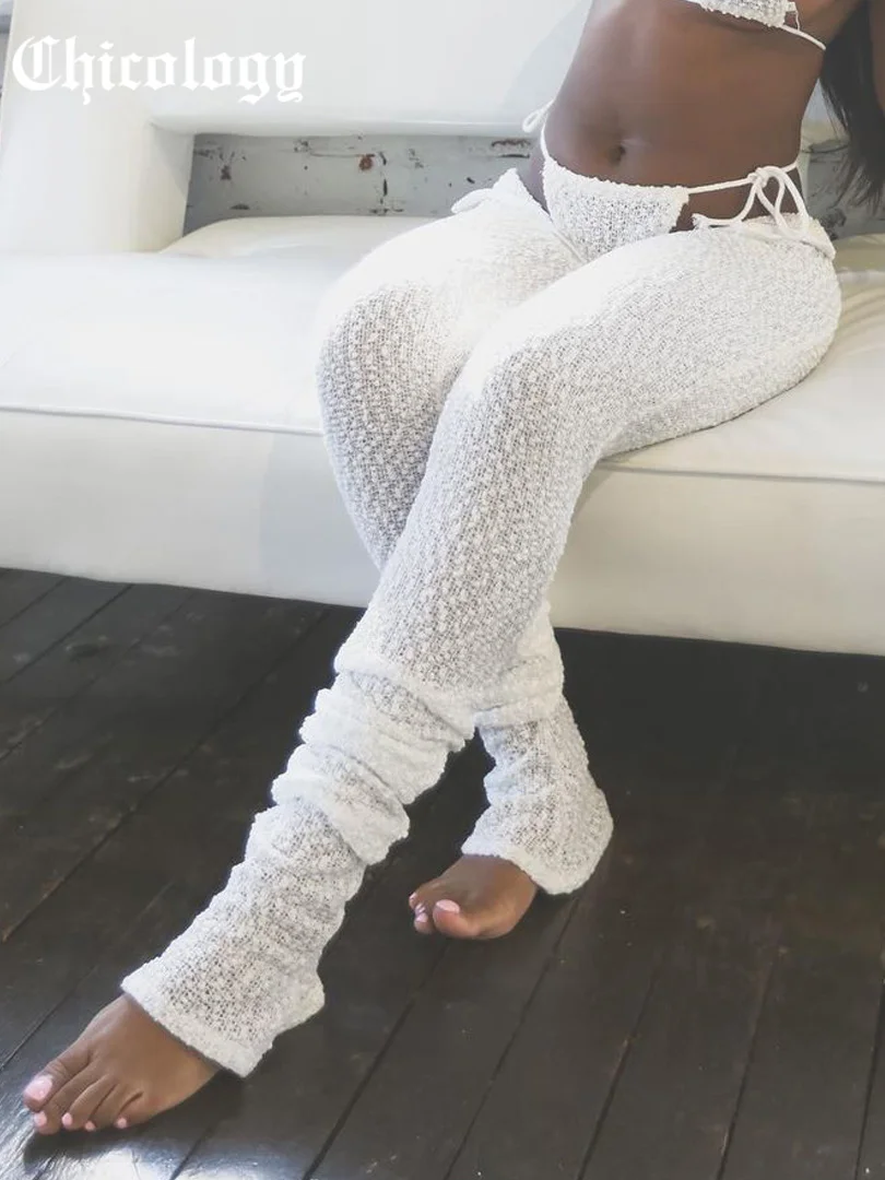 

Chicology 2021 Women Polar Fleece High Waist Lace White Long Flare Skinny Stretchy Straight Popular Casual Autumn Winter Pants