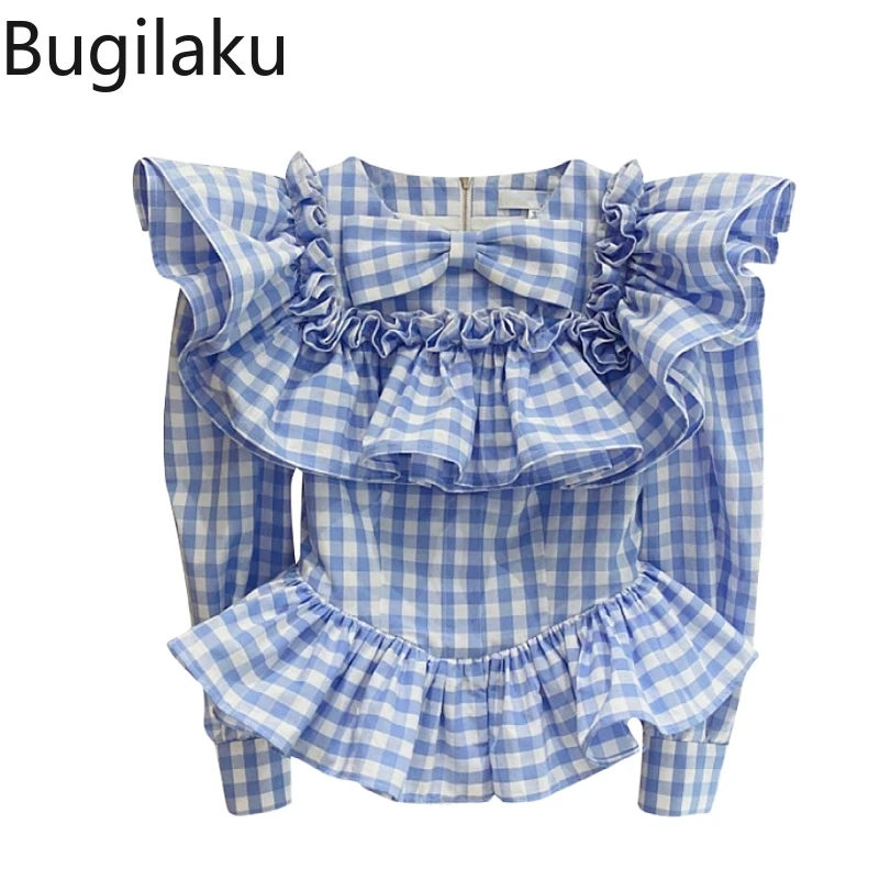 

Женская клетчатая рубашка с бантом и оборками, с длинным рукавом