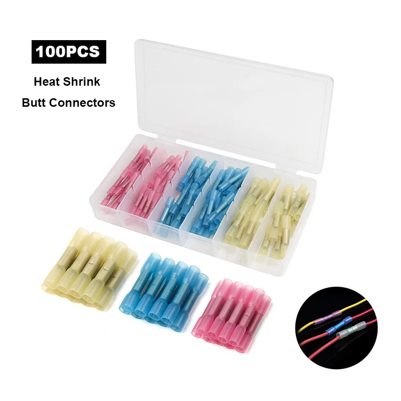 

200/100/50pcs Heat Shrink Butt Crimp Connectors Electrical Wire Terminals Waterproof Insulated Wire Splice Cable Terminals