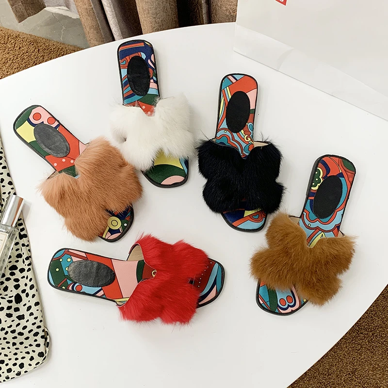 2019 г. модные женские меховые тапочки обувь из полихроматического материала
