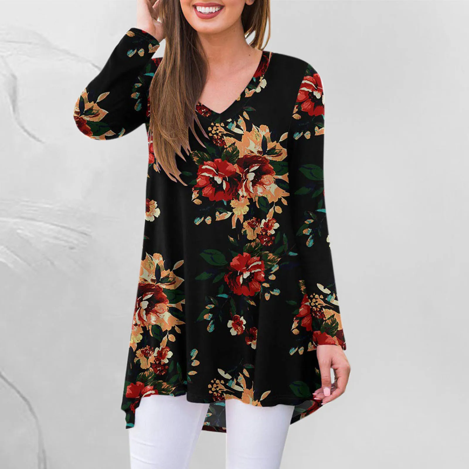 

Fashion Vintage Floral Blouse Autumn Winter Loose V-Neck Tops Female Women Long Sleeve Shirt Blusas Femininas Clothing Pullover