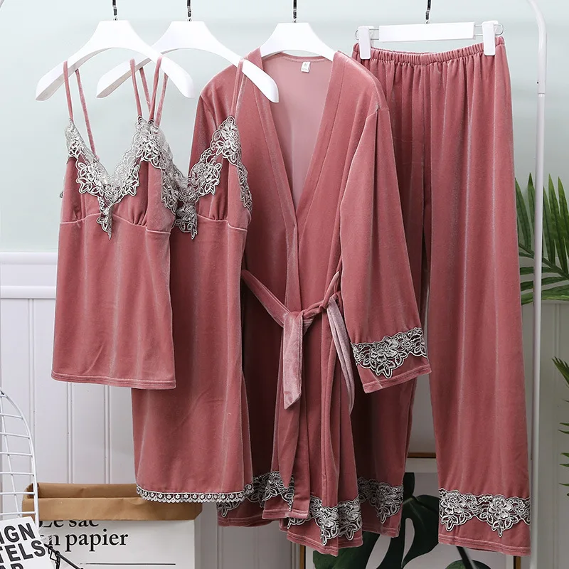 

BONJEAN Long Sleeve Pajamas Sets 2021 Autumn Homewear for Women Lace Patchwork Sleepwear 4pcs Velour Bathing Suit BJ3632