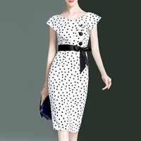 newest high quality 2021 fashion runway dress womens elegant turn down collar buttons sashes color block dot pencil dress