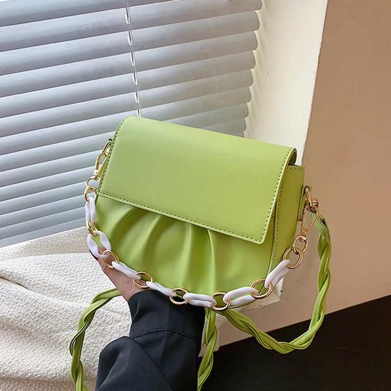 

Fashion Women PU Leather Folds Shoulder Bags 2021 Solid Color Chain Small Handbags Designer Crossbody Bags Day Clutches Hobos