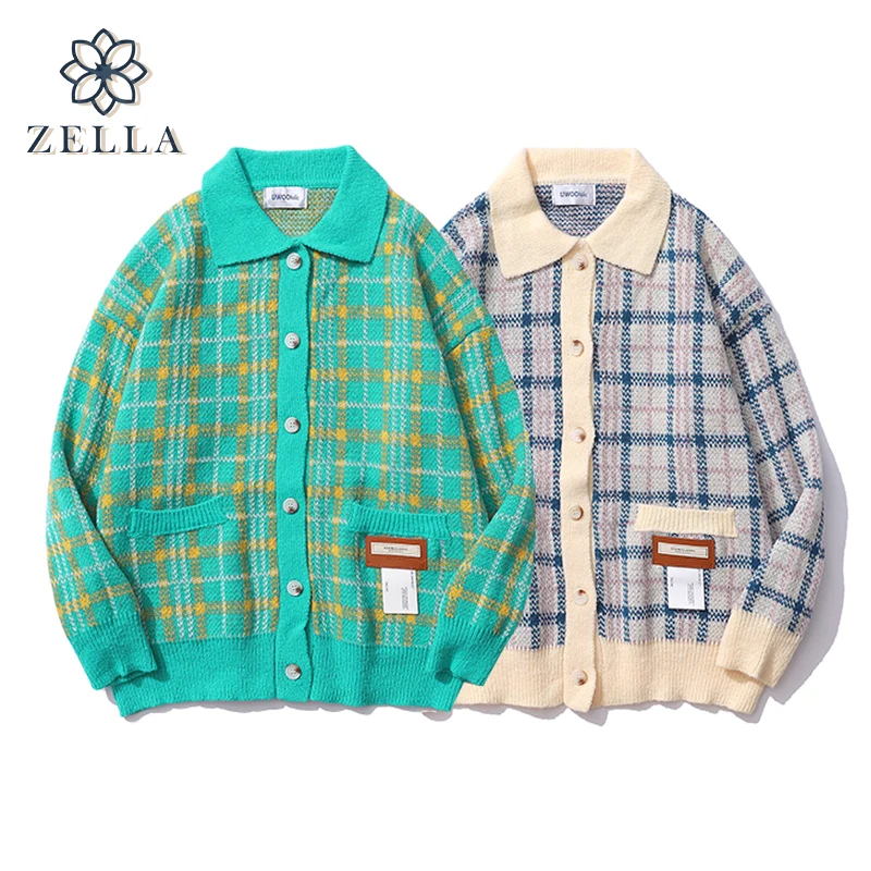

Warm Cardigan Sweater Women 2021 New Knitted Streetwear Autumn Winter Women's Clothing Casual Tops Female Plaid Lapel Knitwear