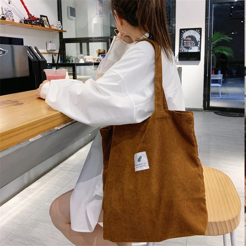 

Women Corduroy Shopping Female Canvas Cloth Shoulder Bag Environmental Storage Handbag Reusable Foldable Eco Grocery Totes