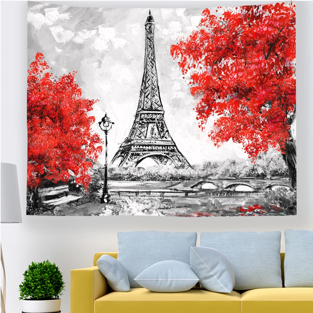 

Tapestry Oil Painting Paris Landscape France Eiffel Tower Black White Pink Grey Home Decor Wall Hanging Living Room Bedroom Dorm