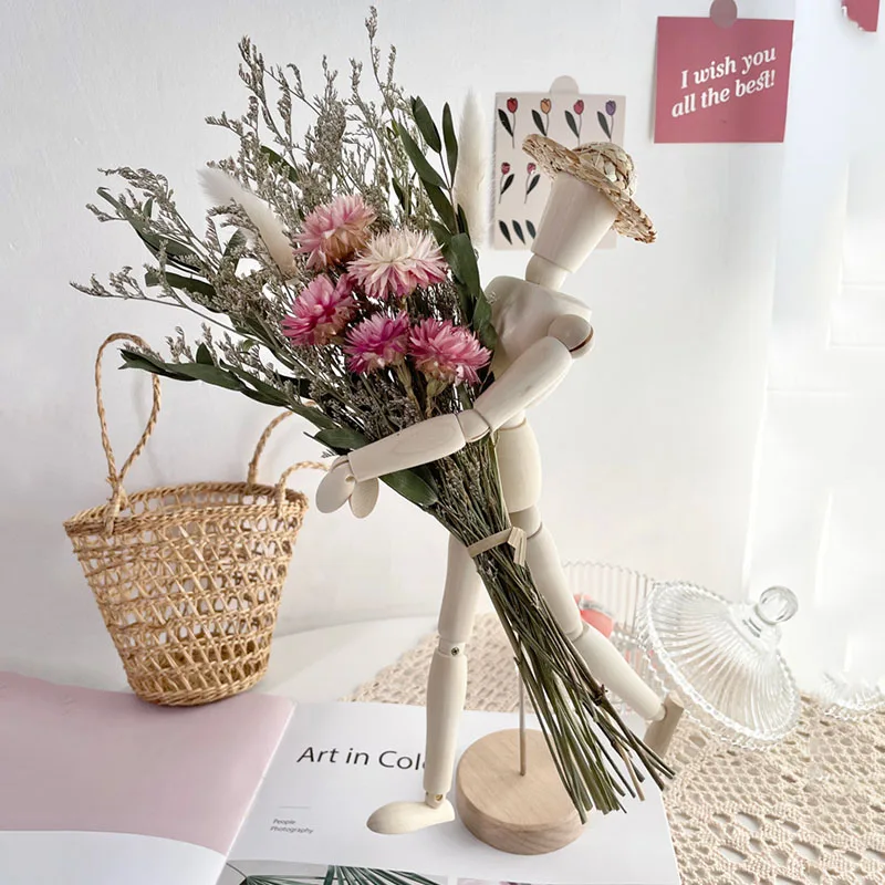 

Natural Dried Flowers Handmade DIY Air-dried Yellow Rose Small Daisy Bouquet Puppet Flower Stand Set for Home Wedding Decoration