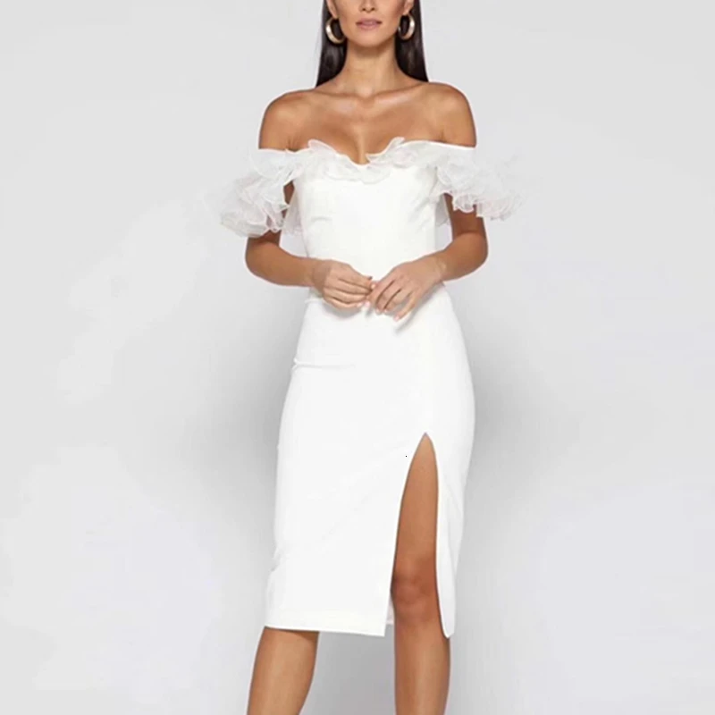 Платье с открытыми плечами TWOTWINSTYLE Сетчатое миди платье вырезом лодочкой высокой