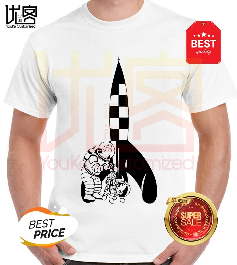 Модная крутая Мужская футболка Женская забавная с принтом Тинтин луна ракета |