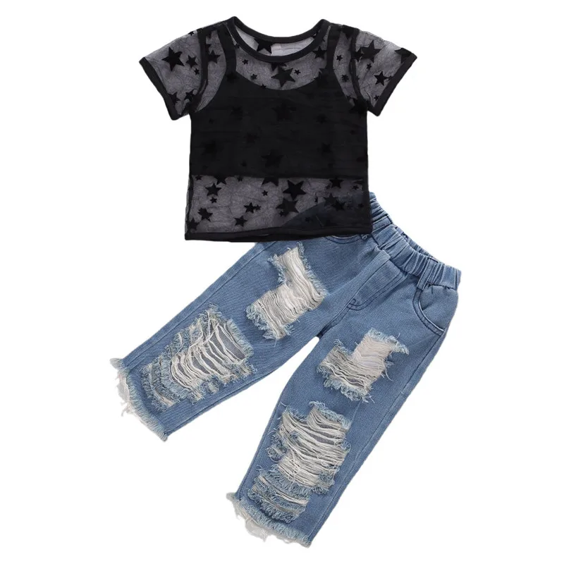 

2-7Y Summer Fashion Children Baby Girls Clothes Sets 3pcs Sheer Mesh Short Sleeve T Shirts Tops+Vest+Ripped Denim Pants Jeans