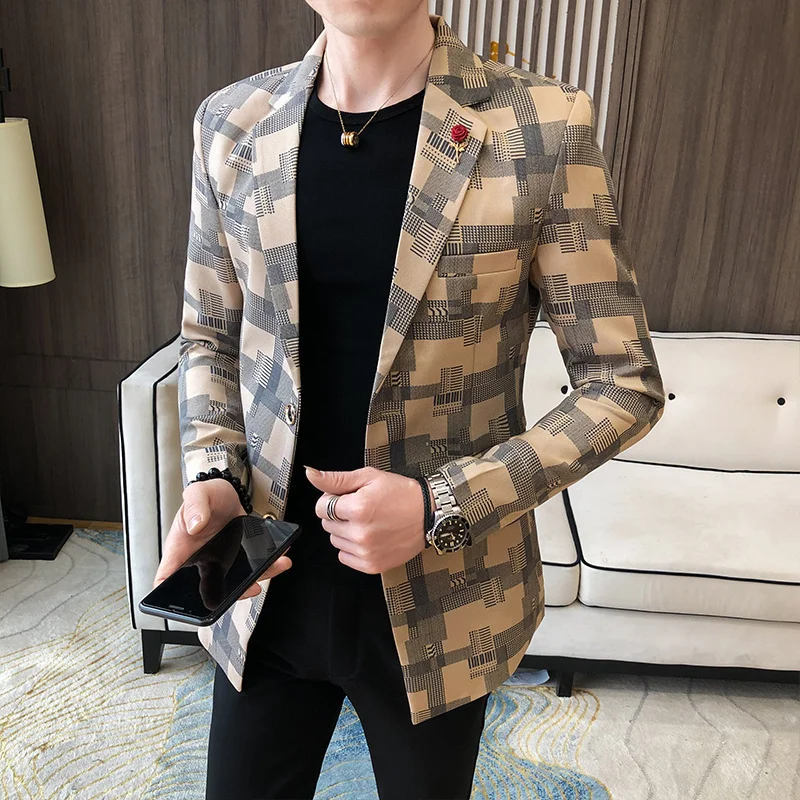 

Spring Fall Men's Plaid Suit Jacket Fashion Business Casual Men Slim Blazer Men Club Wedding Stage Singer Jacket Dress Masculina