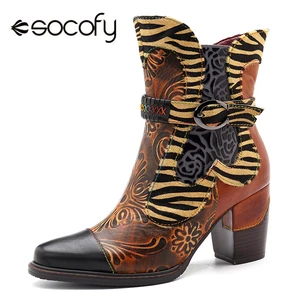 Socofyботильоны в стиле ретро с принтом ковбоя; Женские весенние ботинки из натуральной кожи в стиле пэчворк; Женские ботинки на молнии