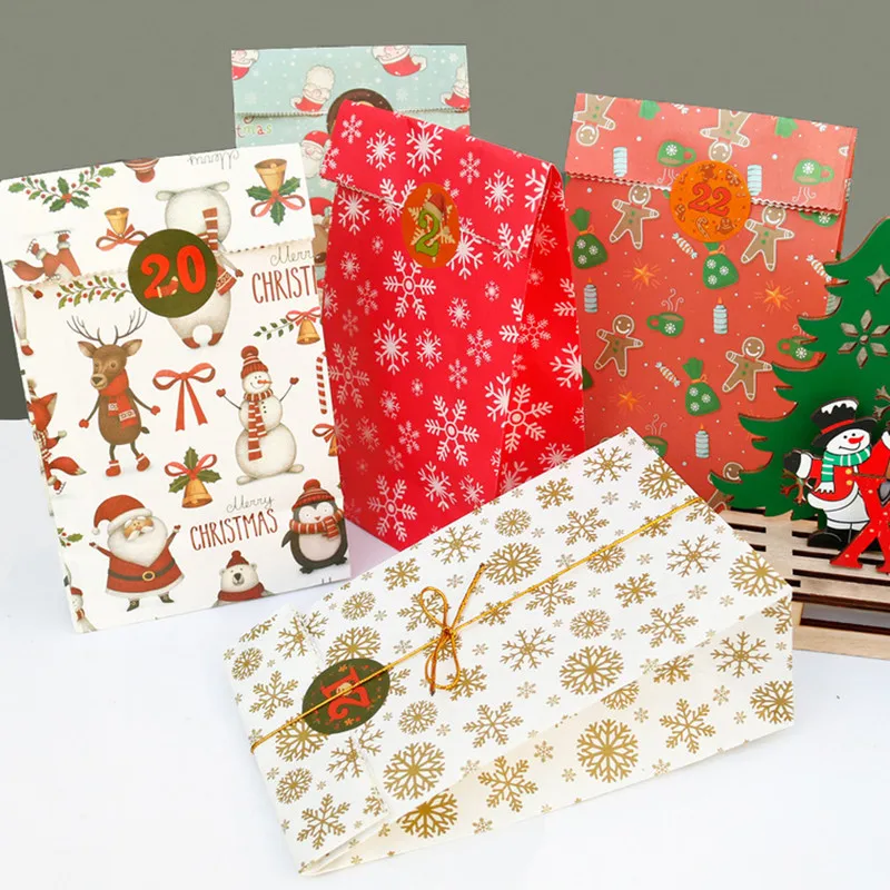 

Рождественские подарочные пакеты, 24 шт., Рождественская искусственная Подарочная сумка с наклейками, самодельные мешочки для хранения конф...