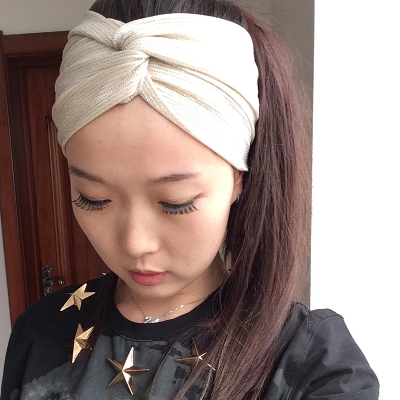 

T17504 fashion new 100% cotton turban headband silver wire shimmer hair headband Twist Elastic Turban Headband for women