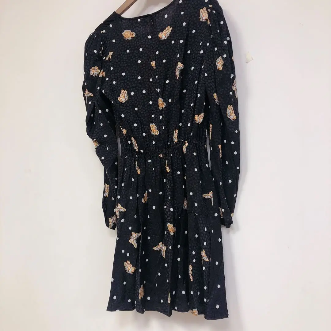

Butterfly Print Polka Dot Women Short Dresses High Waist Front Buttons Long Sleeve Casual Dress