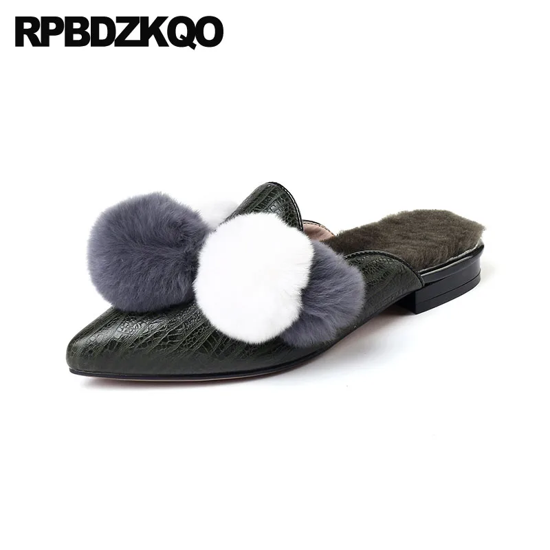 Зимняя обувь с острым носком и кроличьей шерстью Туфли без задника дизайнерские