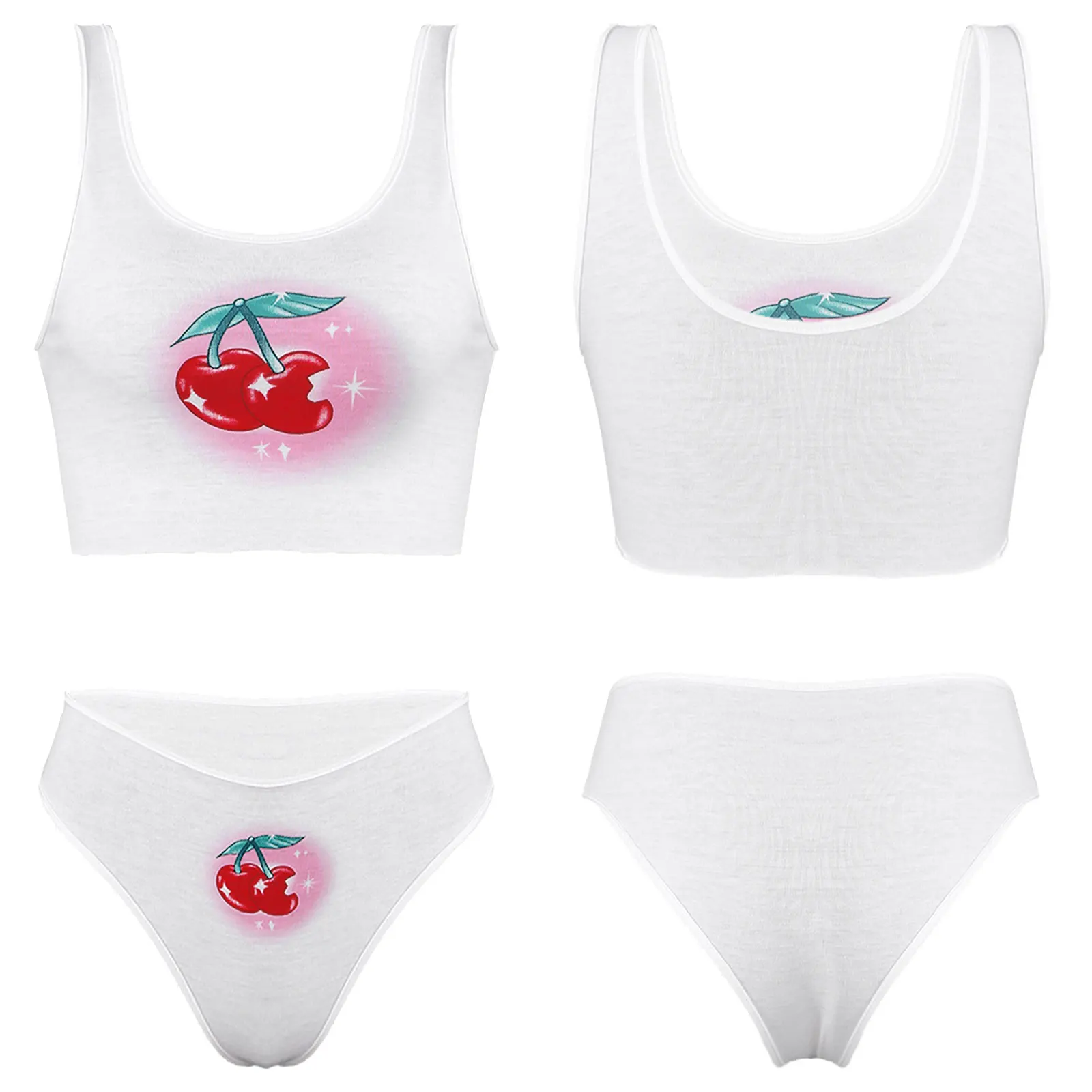 

Women White 2Pcs Cherry Printed Lingerie Set U-neck Underwear Short Nightwear Girl Camisole Crop Top with Panties for Pool Party