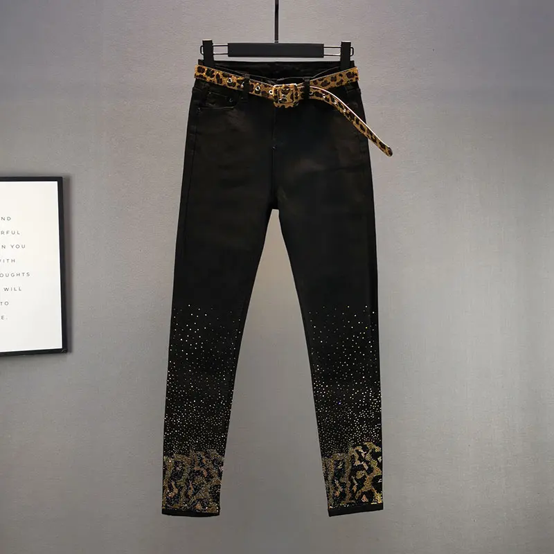 

Leopard Rhinestone Jeans Women's 2021 Spring and Autumn New Elastic High Waist Slim Fit Black Denim Pencil Pants