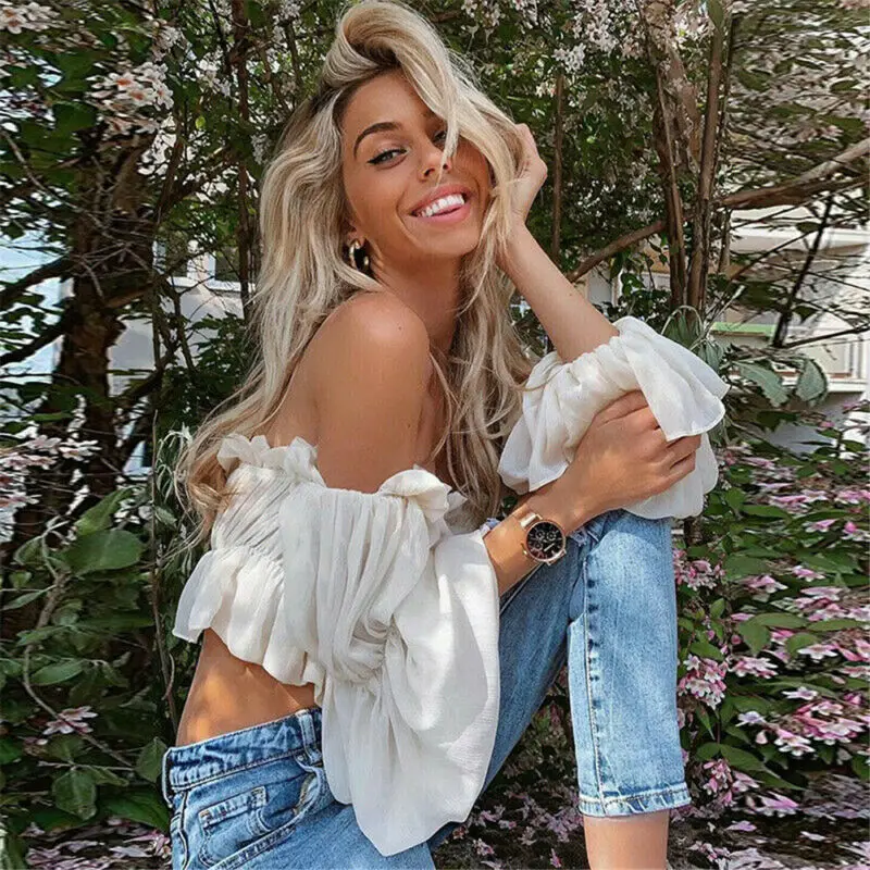 

Women Casual Crop Tops Vest Off Shoulder Long Sleeve T-Shirt