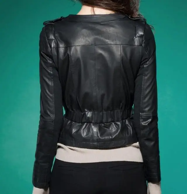 

slim short O-neck genuine leather jacket women natural sheepskin fashion leather jacket lady zipper pockets leather coats