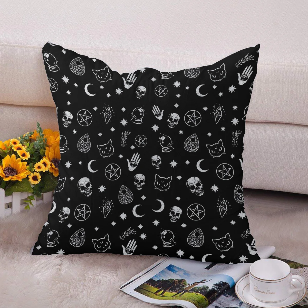 Серебряная Подушка с блестками чехол Хэллоуин черная ведьма череп печать для