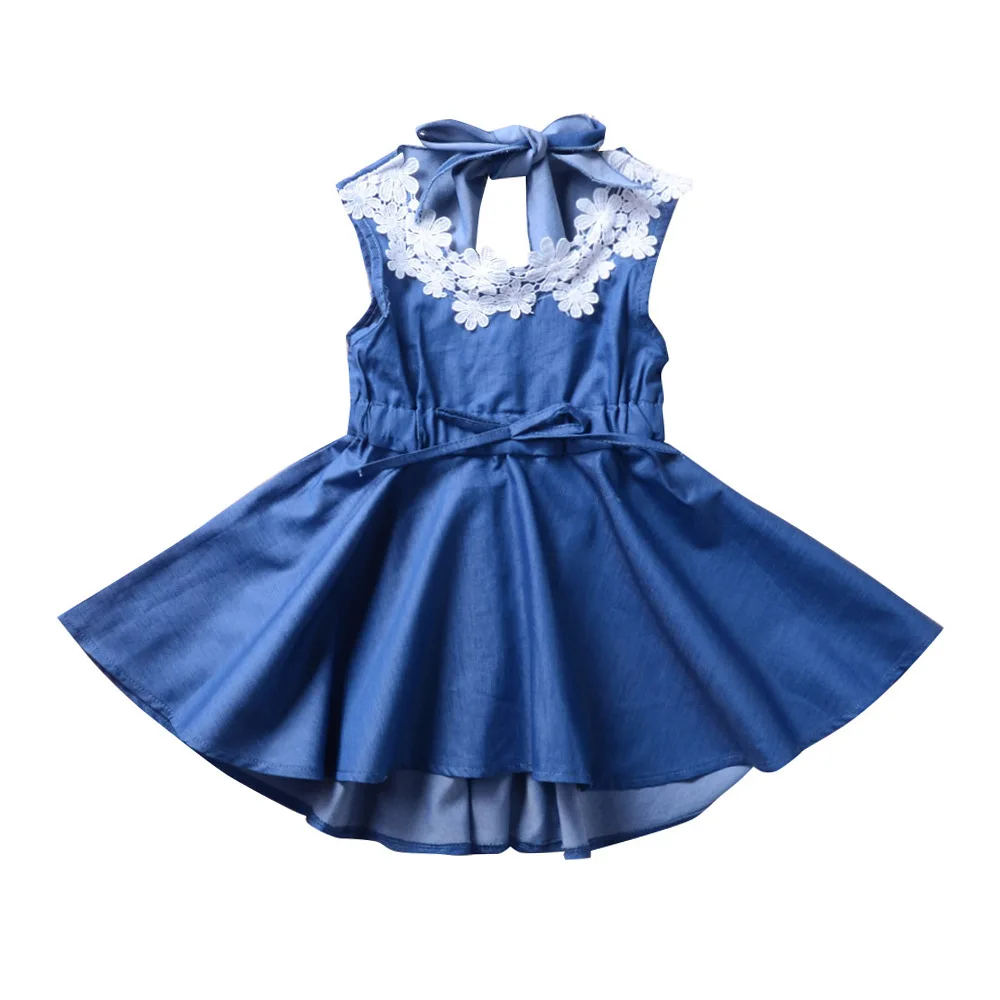 

Kids Girls Toddler Summer Floral Denim Dress Backless Summer Dresses 2021 New Children Princess Jean Dress Sleeveless Lace Cute