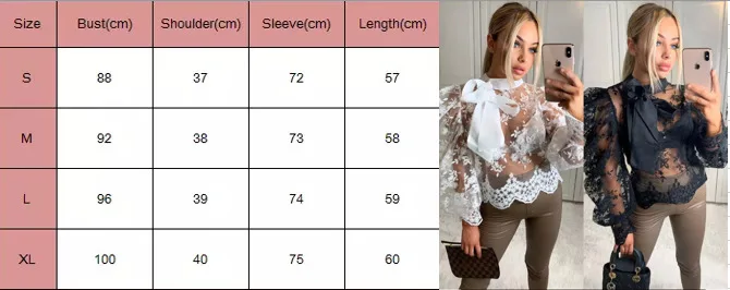 

Women Lace Floral Mesh Sheer See-through Long Puff Sleeve Tops Blouse Shirts