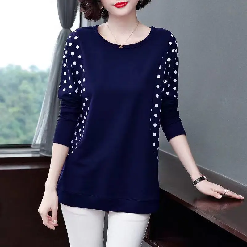 

2021 O Neck 100% Cotton T Shirt Woman Autumn Long Sleeve Shirt Woman T-shirt Loose Polka Dot Women Shirts