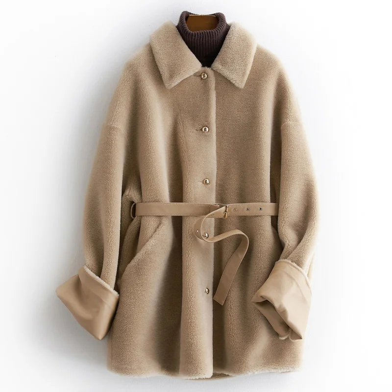 

Sheap Shearing Women Warm Real Fur Coat Long Parka Winter 100% Wool Jacket With Belt casaco feminino L2482