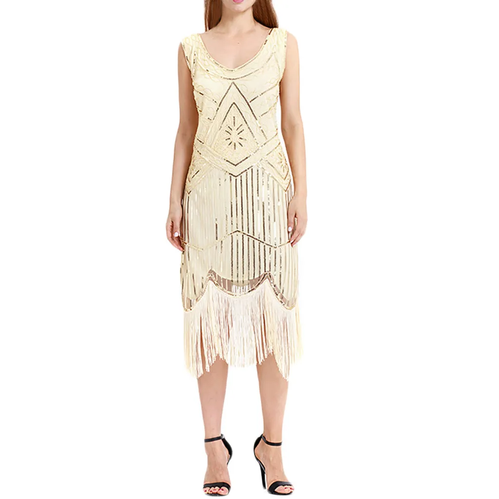 Женское летнее платье в богемном стиле винтажное с бахромой и бусинами кружевное