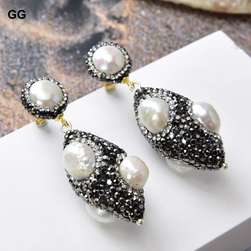 GuaiGuai ювелирные изделия 2 &quotнатуральный белый жемчуг черный CZ серьги жемчужные