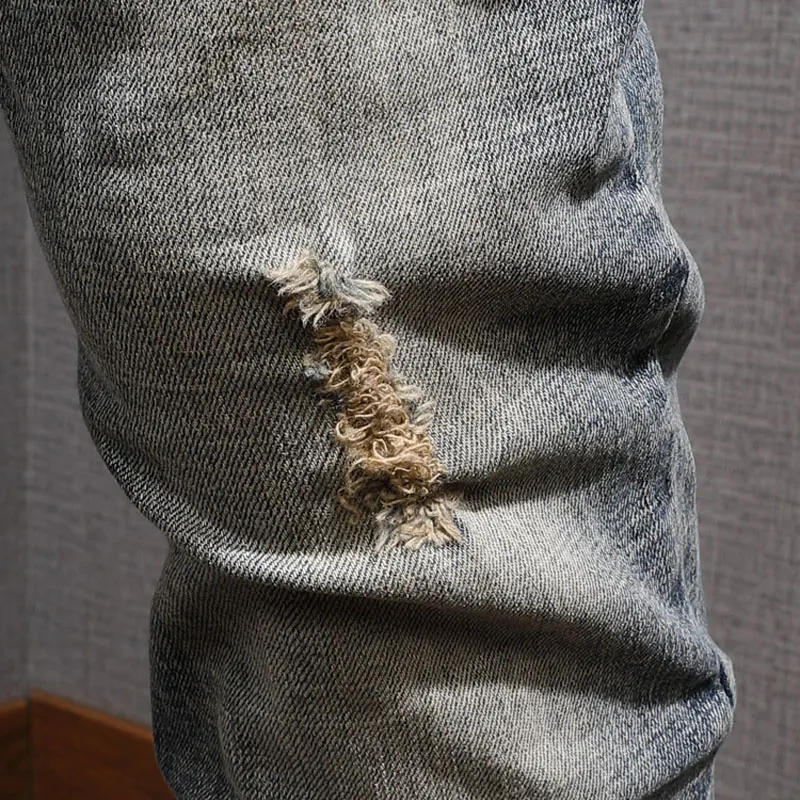 European American Vintage Fashion Men Retro Yellow Distressed Wash Ripped Jeans Men Designer Slim Fit Casual Cotton Denim Pants