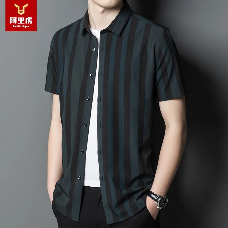 

Alihu men's summer new middle-aged striped business short sleeve shirt father's casual shirt coat