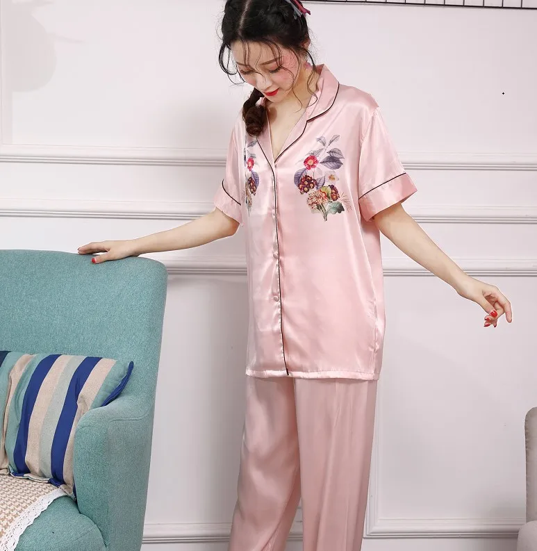 Spring Autumn Women's Pajamas Set Summer Printed Nightwear Full Length V-Neck Short Sleeve Two Piece Silk Home Wear Sleep Wear