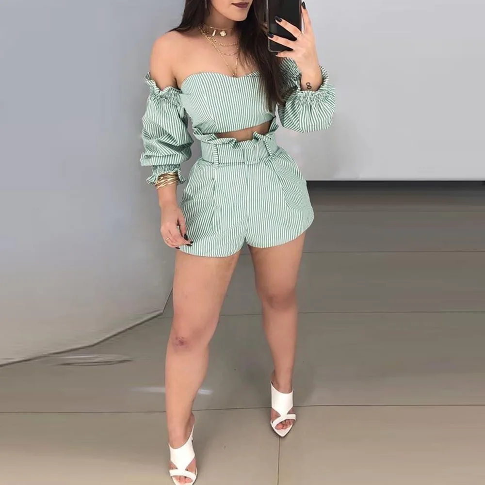 

Slash Neck Striped Sexy Club 2 Piece Sets Off Shoulder Strapless Ruffles Full Sleeve Crop Top Shorts Women Green Matching Sets
