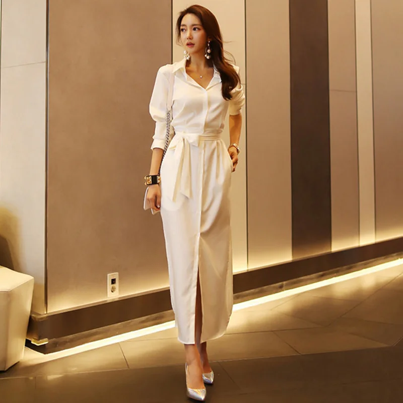 

Ladies Office White Shirts Dress Party Maxi Long Sexy High Split Casual Dresses Women Belted Slim Waist Boyfriend Shirt Dress