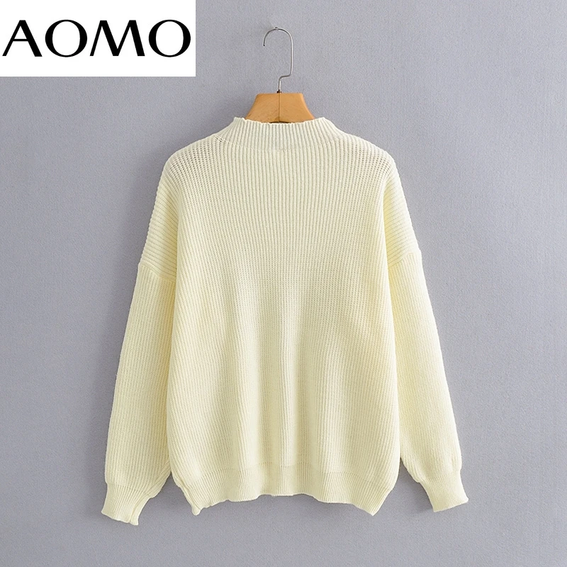 

AOMO Women Elegant Buttons Decorate White Oversized Knitted Sweater Jumper Female Pullovers Chic Tops BC169A
