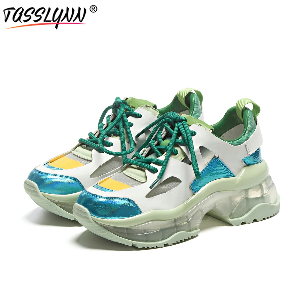 

TASSLYNN 2021 Shoes for Women Basic Genuine Leather Round Toe Wedge Sneakers Lace-up Sheepskin Womens Shoes