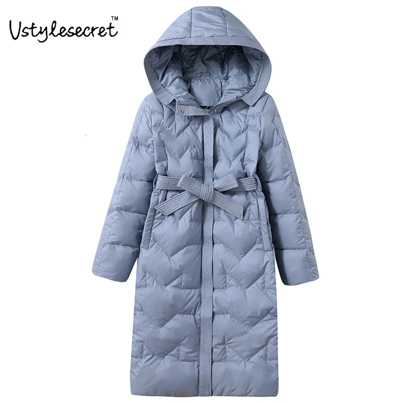 

Женский пуховик с капюшоном, длинная теплая парка на белом утином пуху с поясом, зима 90%, U10815