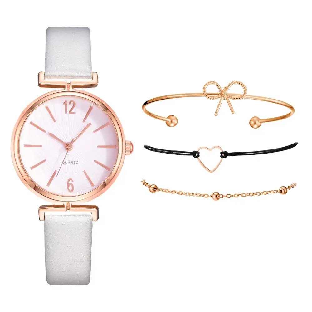 4 предмета в комплекте новые модные простые женские кварцевые часы повседневные