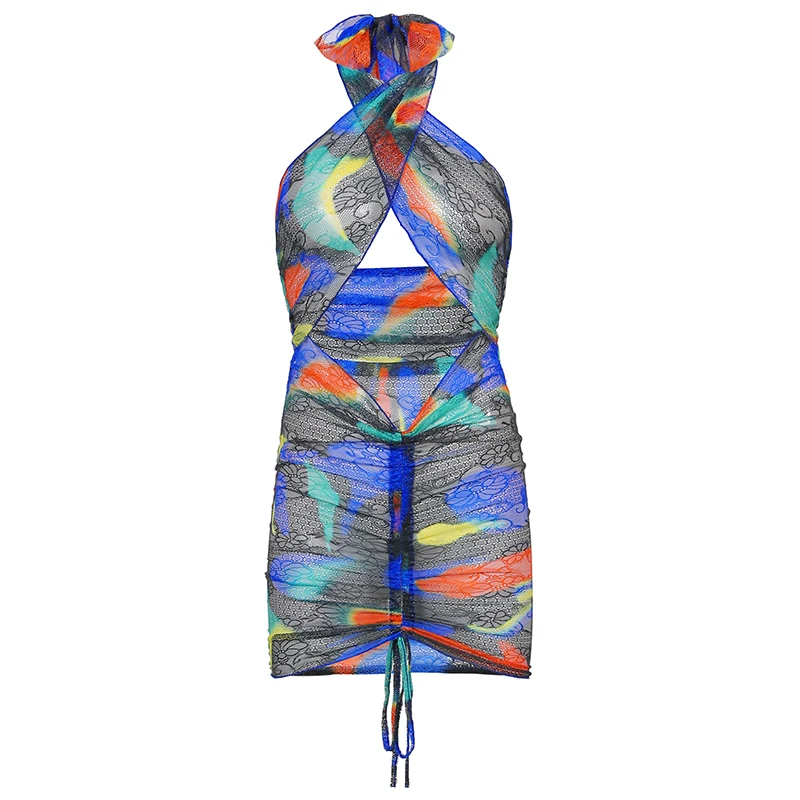 

BIIKPIIK Print Women Hollow Out Sexy Mini Dress Mesh See Through Summer Beach Dresses Vacation Outifits Female Casual Clothing