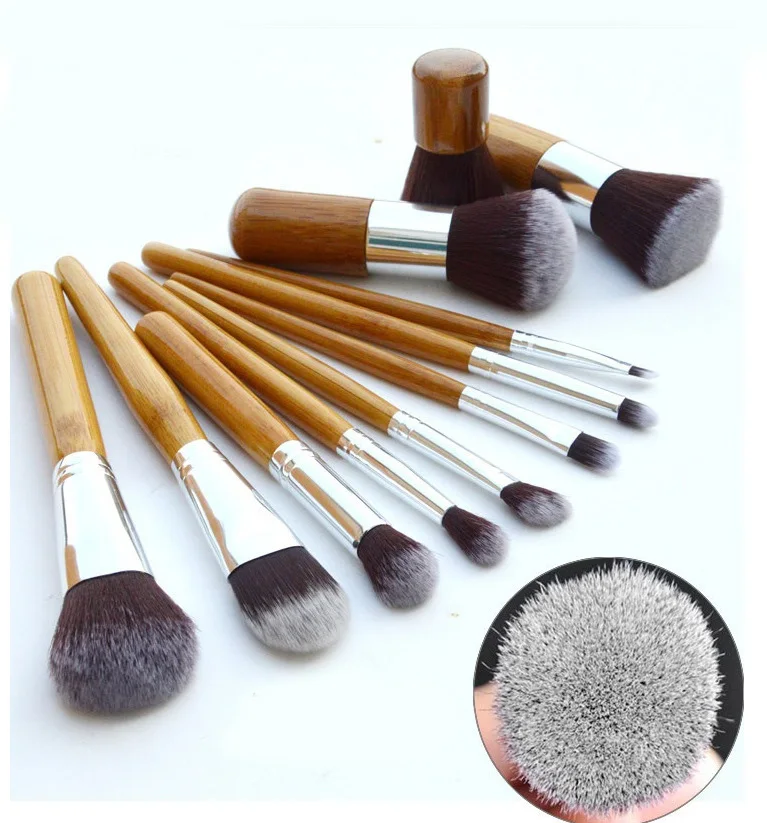 

Hot sale 11pcs Bamboo Handle Makeup Brush with Soft Synthetic Fiber Bristle Linen Bag